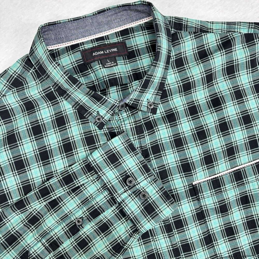 Adam Levine Shirt L Green Black Plaid Check Pocket Button Down